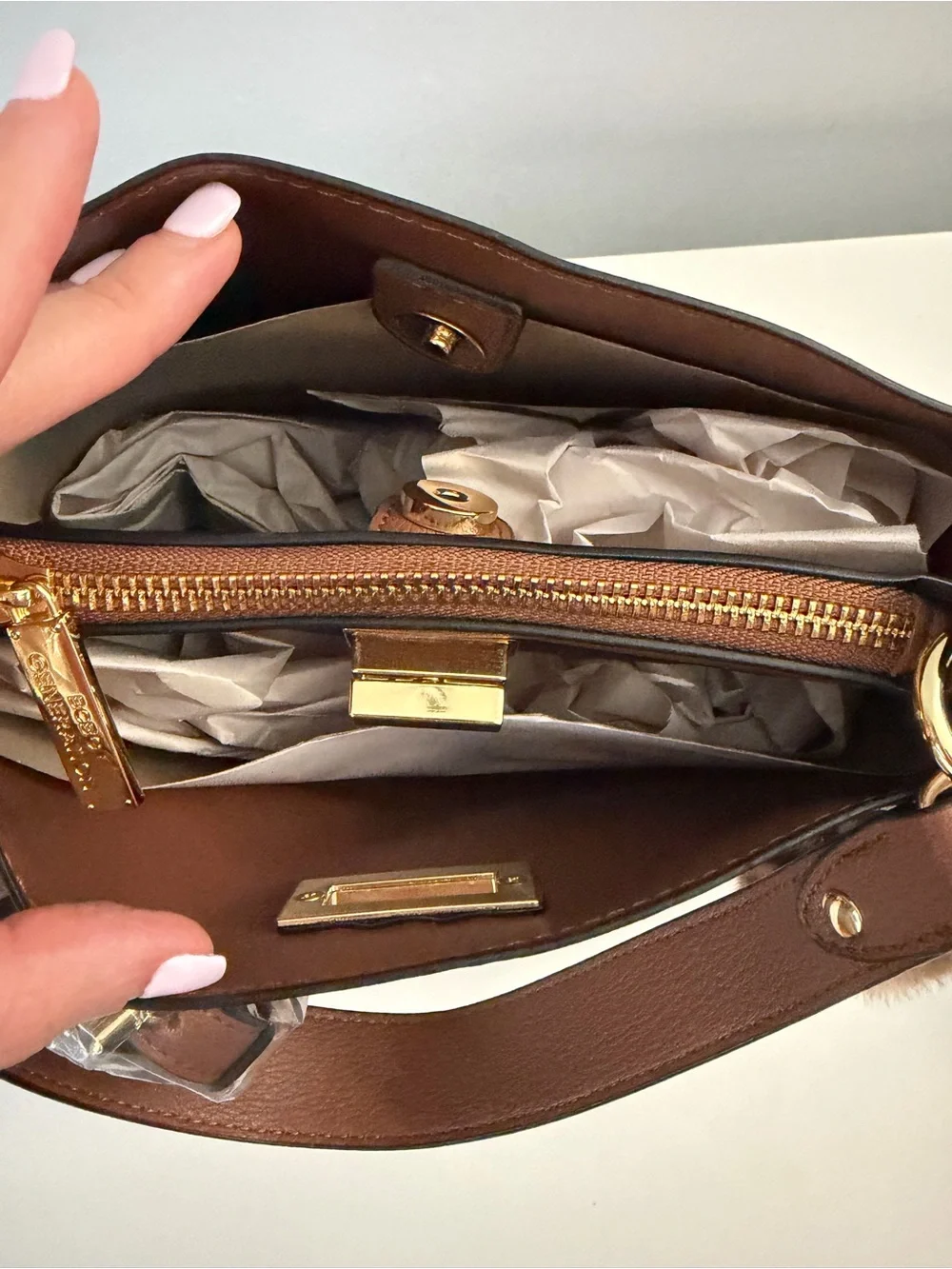 BCBGeneration Triple Entry Turnlock Bucket Bag brown